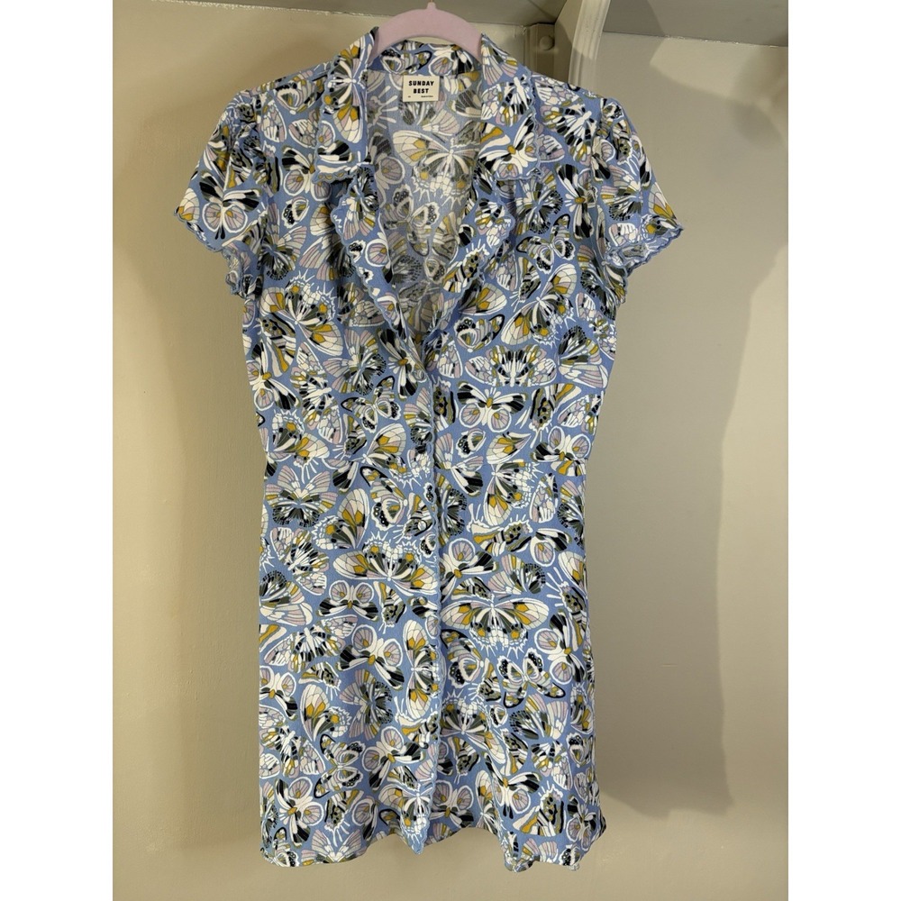 SUNDAY BEST Blue Butterfly Dress XS Button Front Cottage Romantic Aritzia